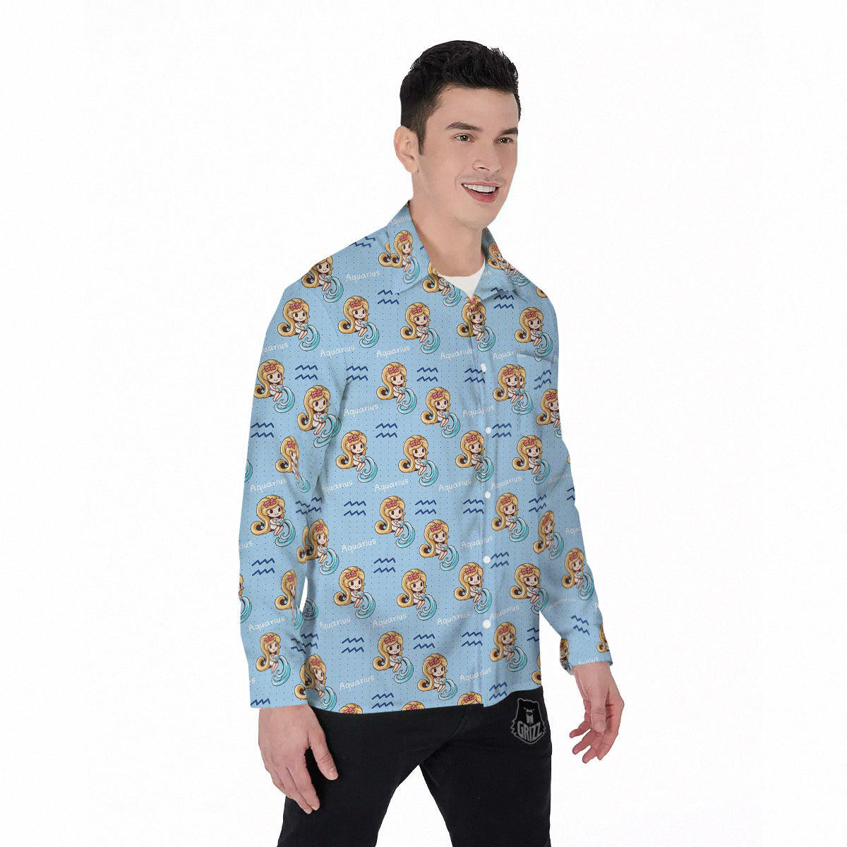 Aquarius Cute Cartoon Print Pattern Men's Long Sleeve Shirts-grizzshop