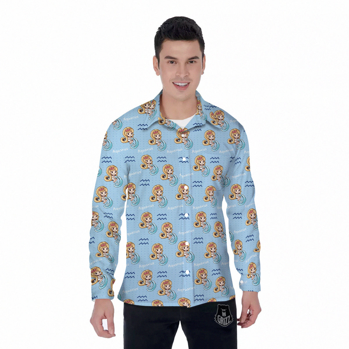 Aquarius Cute Cartoon Print Pattern Men's Long Sleeve Shirts-grizzshop