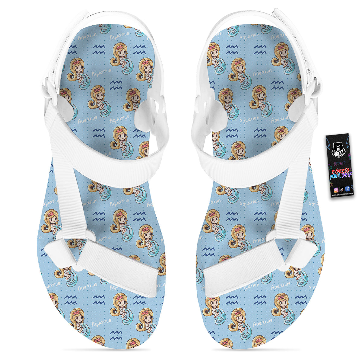 Aquarius Cute Cartoon Print Pattern White Open Toe Sandals-grizzshop