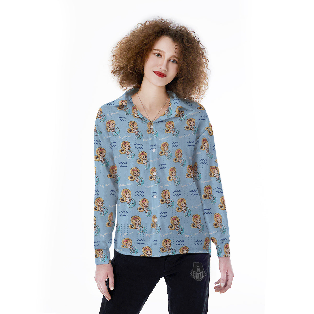 Aquarius Cute Cartoon Print Pattern Women's Long Sleeve Shirts-grizzshop