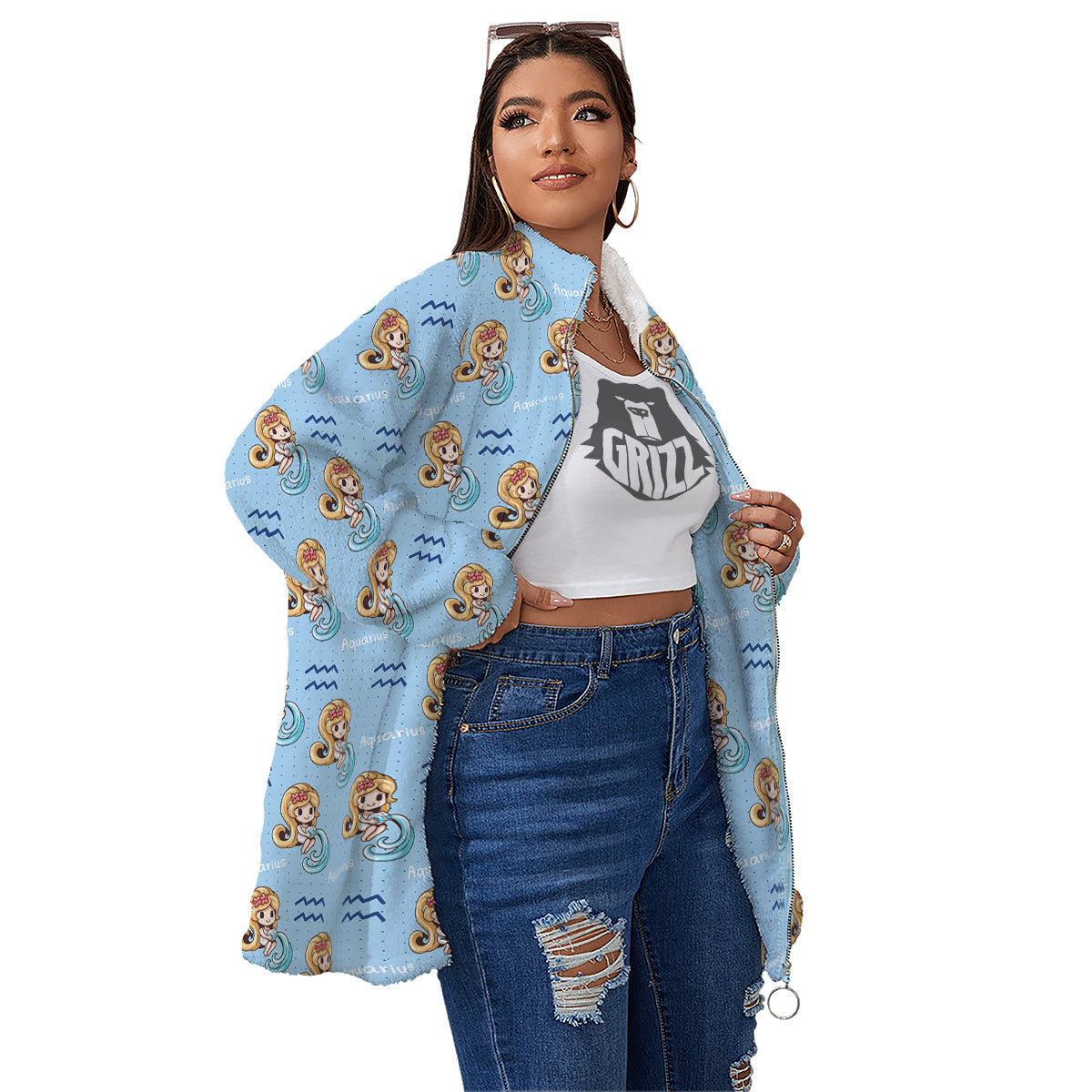 Aquarius Cute Cartoon Print Pattern Women's Sherpa Jacket-grizzshop