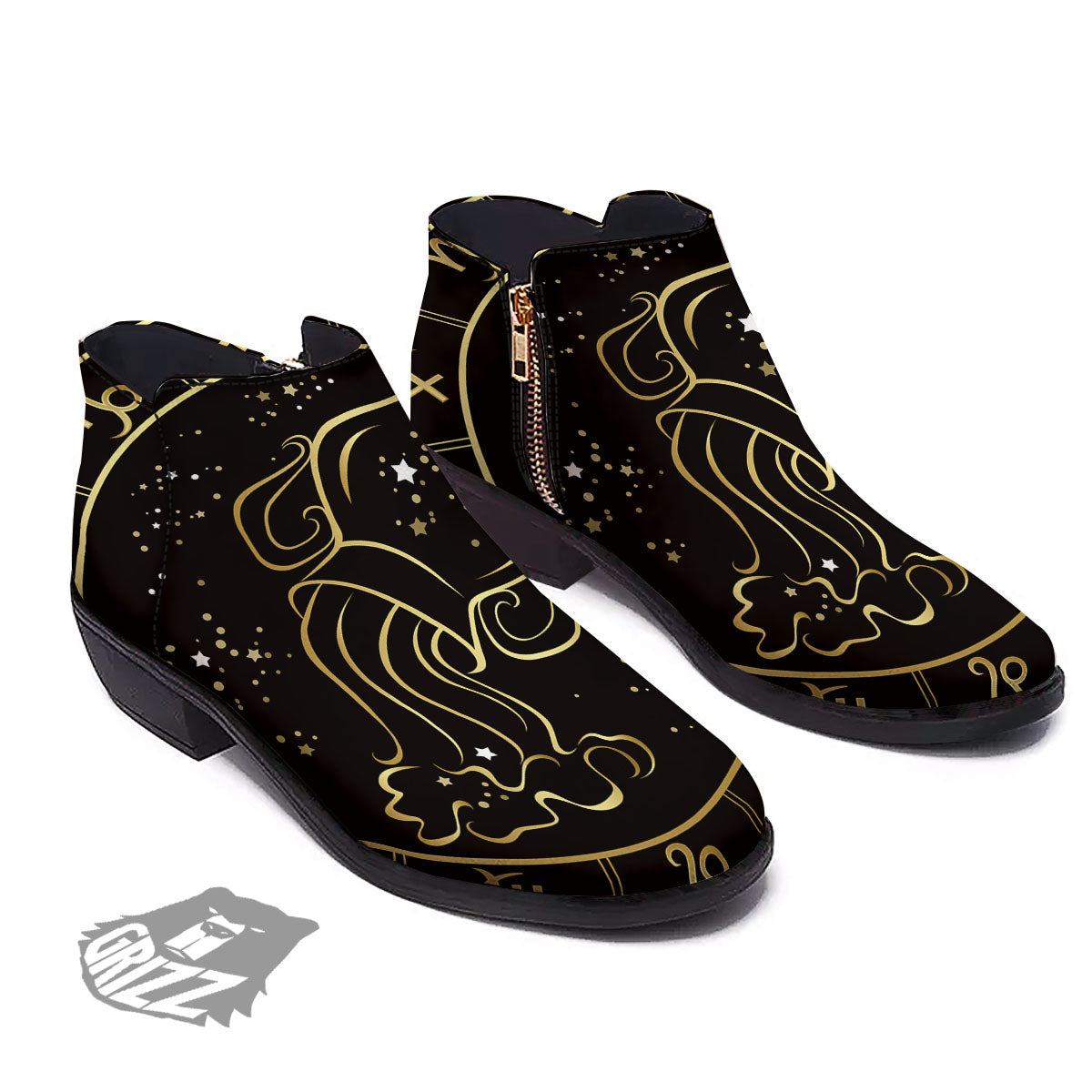 Aquarius Sign Black And Gold Print Ankle Boots-grizzshop