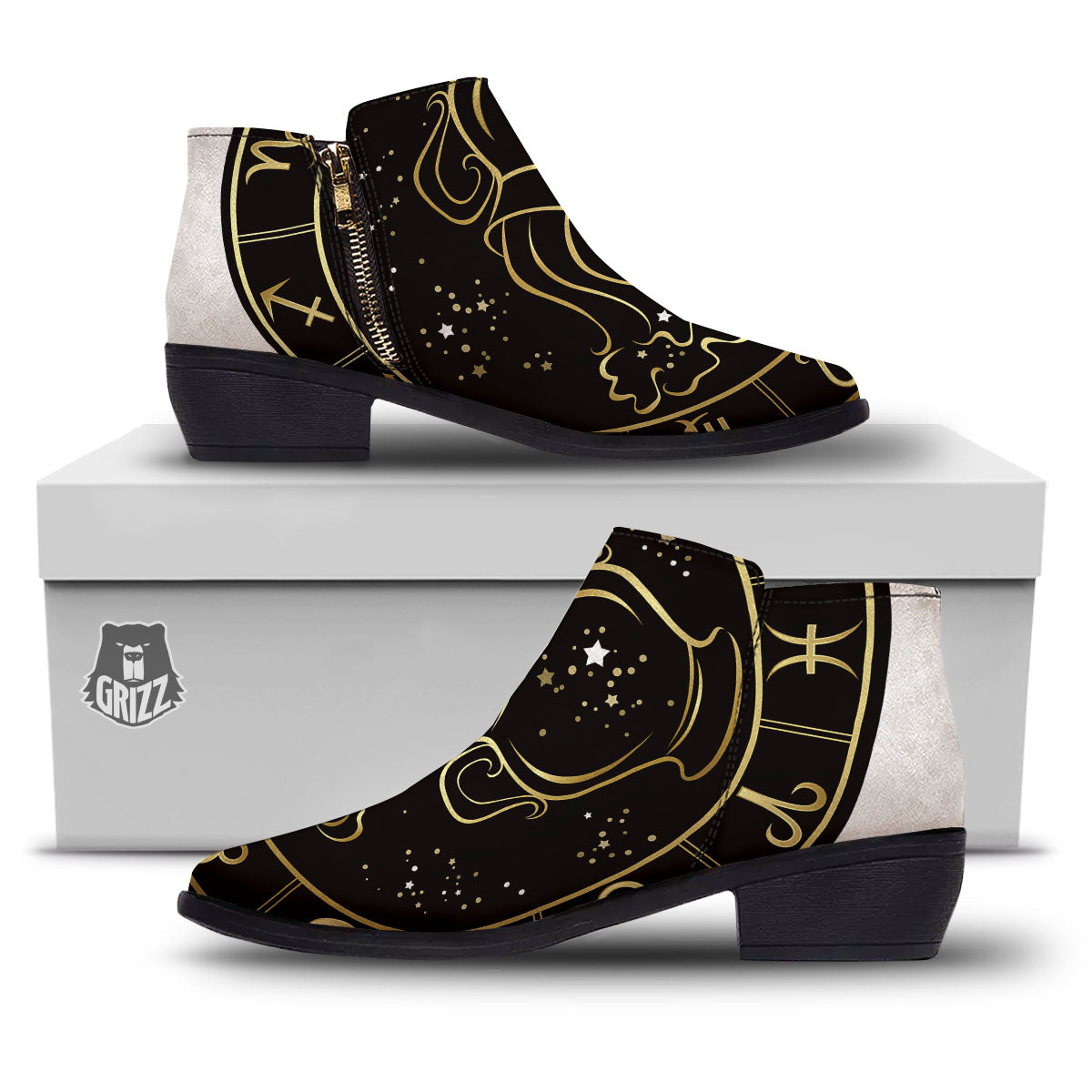 Aquarius Sign Black And Gold Print Ankle Boots-grizzshop