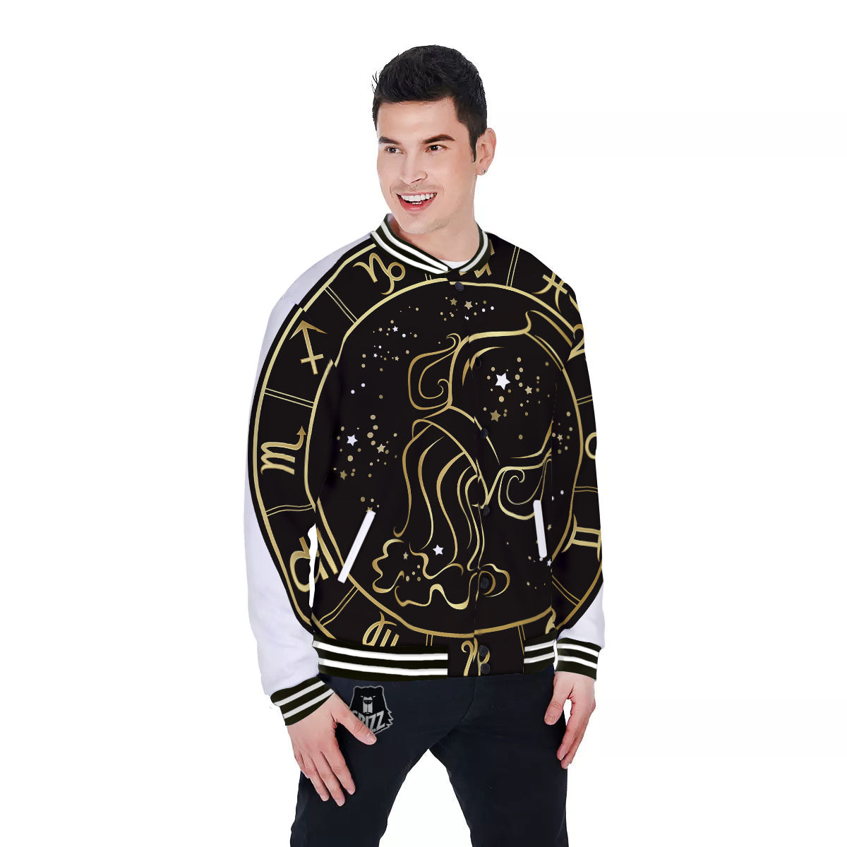 Aquarius Sign Black And Gold Print Baseball Jacket-grizzshop