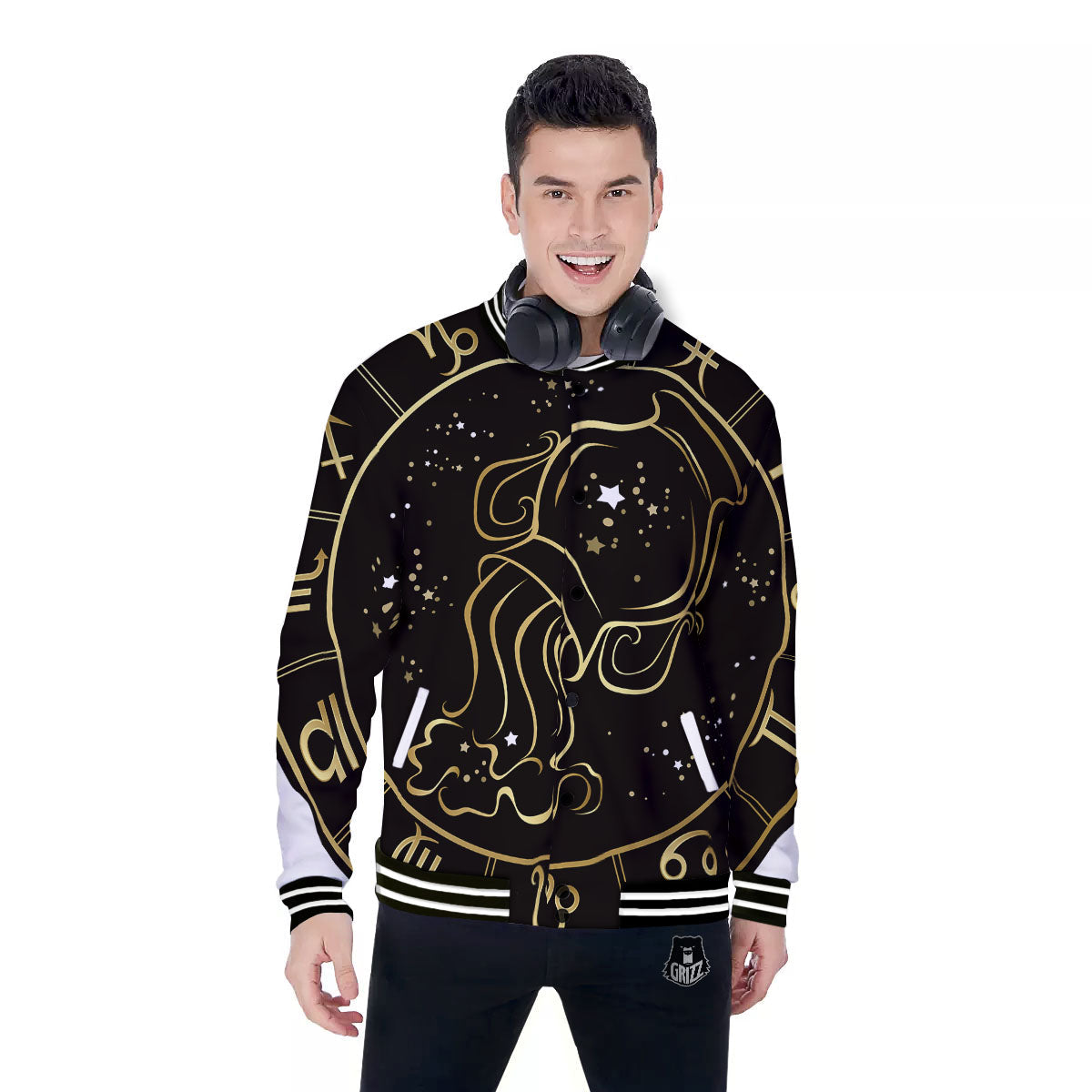 Aquarius Sign Black And Gold Print Baseball Jacket-grizzshop