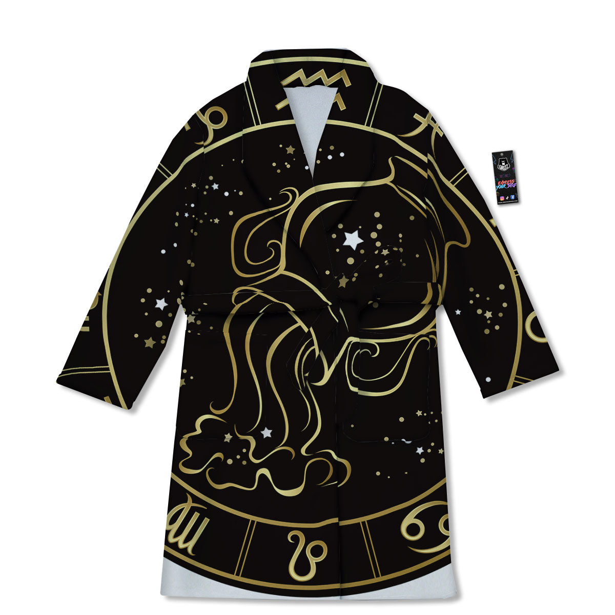 Aquarius Sign Black And Gold Print Bathrobe-grizzshop