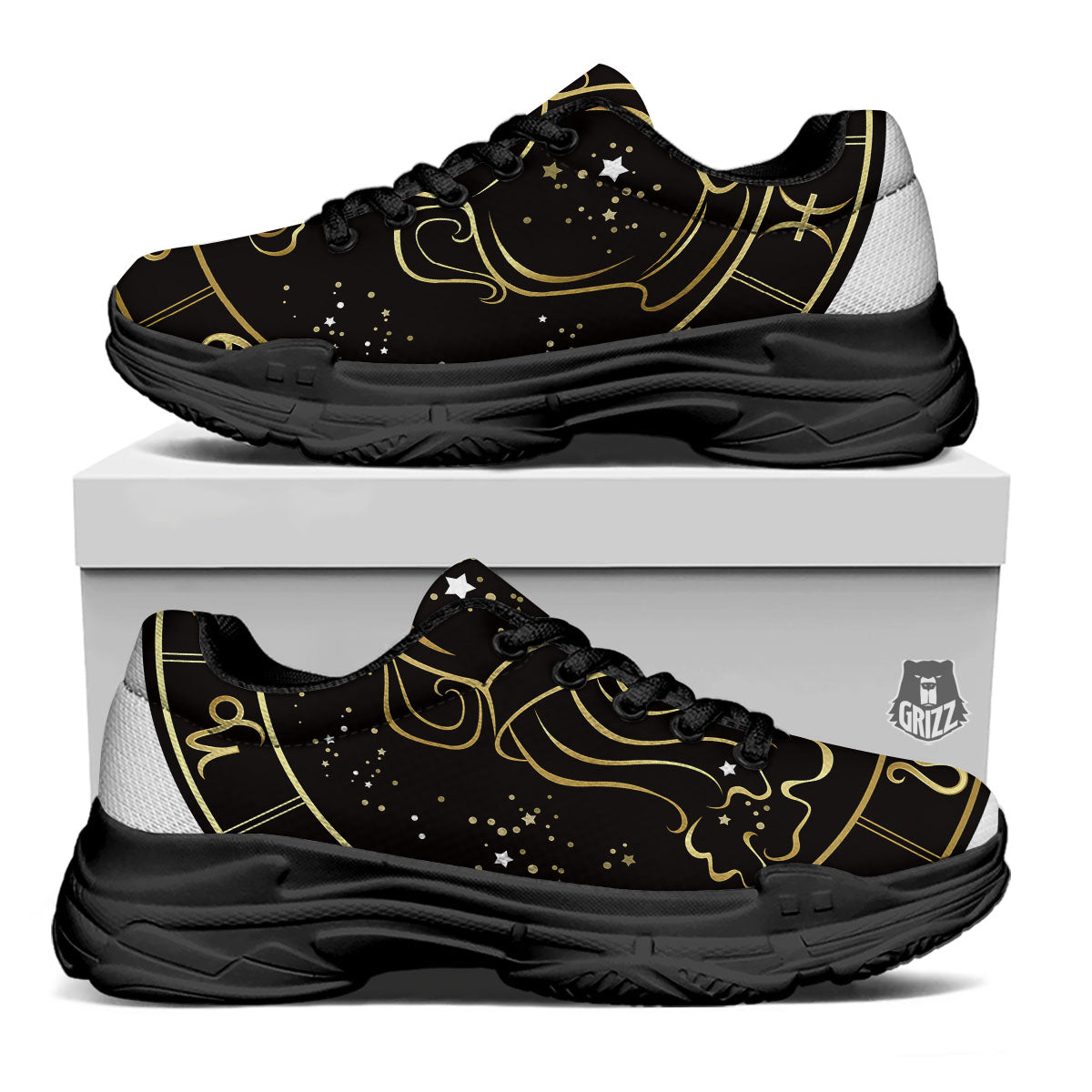 Aquarius Sign Black And Gold Print Black Chunky Shoes-grizzshop