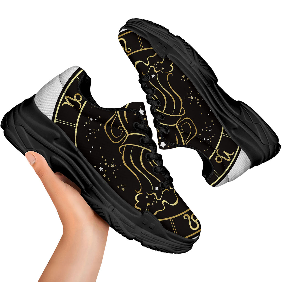 Aquarius Sign Black And Gold Print Black Chunky Shoes-grizzshop