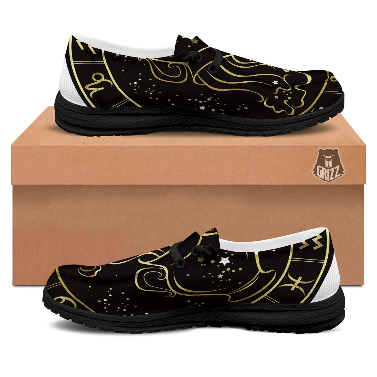 Aquarius Sign Black And Gold Print Black Loafers-grizzshop