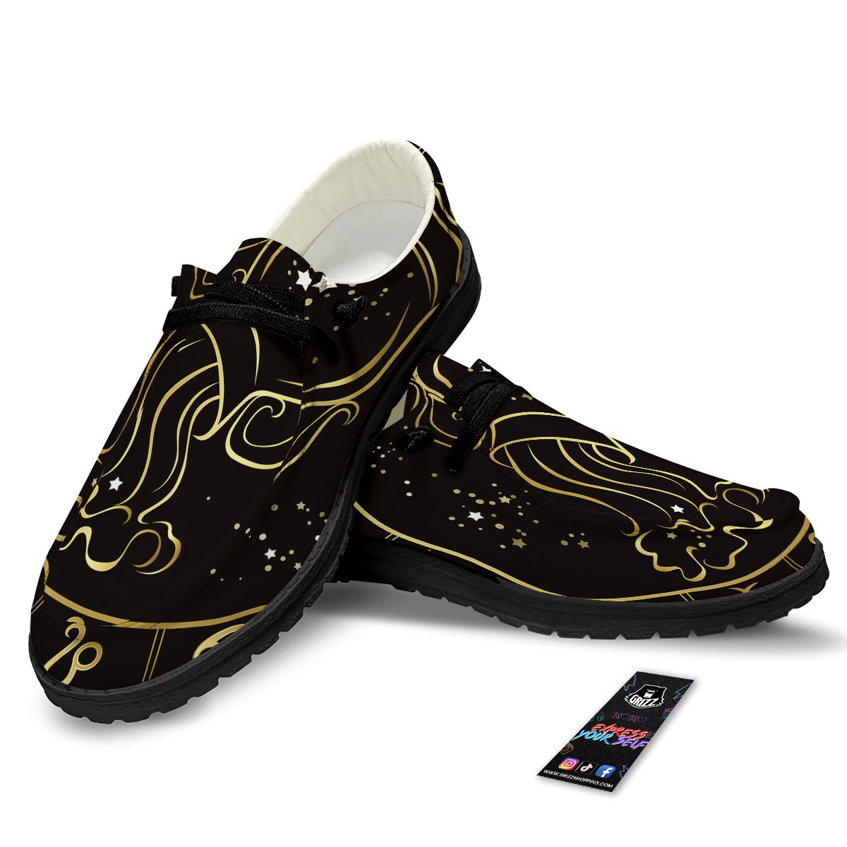 Aquarius Sign Black And Gold Print Black Loafers-grizzshop