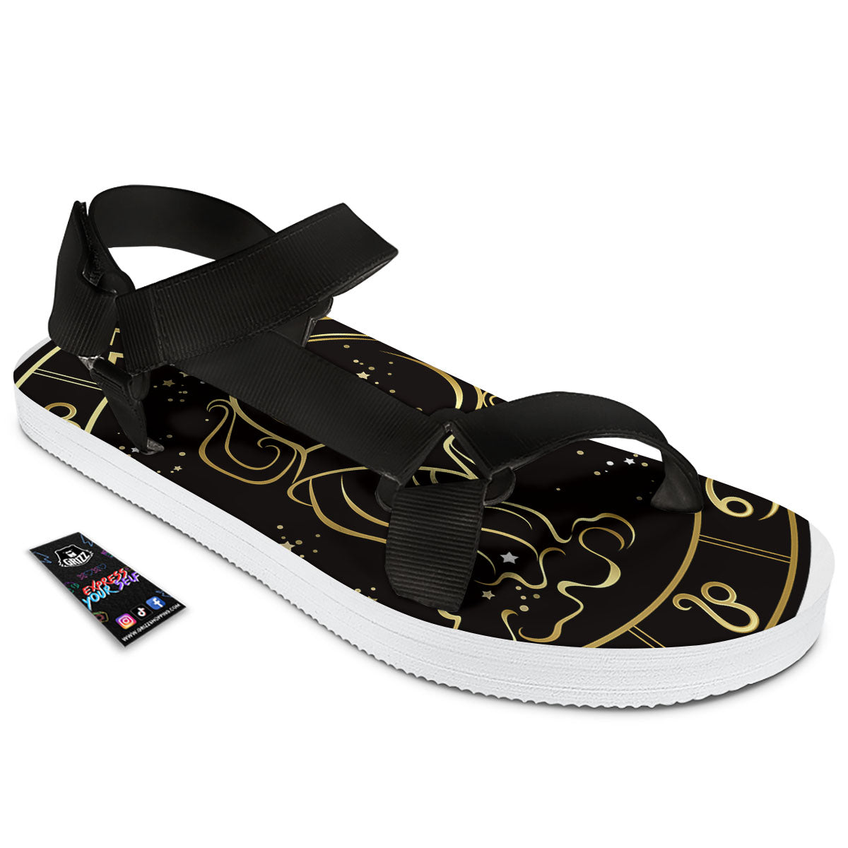 Aquarius Sign Black And Gold Print Black Open Toe Sandals-grizzshop