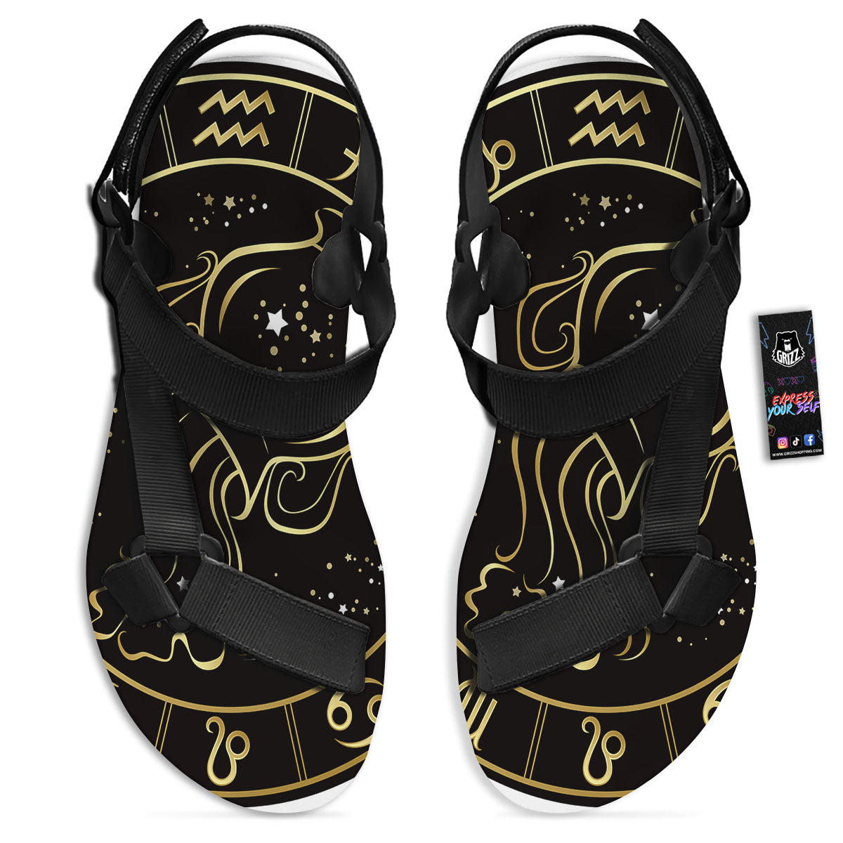 Aquarius Sign Black And Gold Print Black Open Toe Sandals-grizzshop