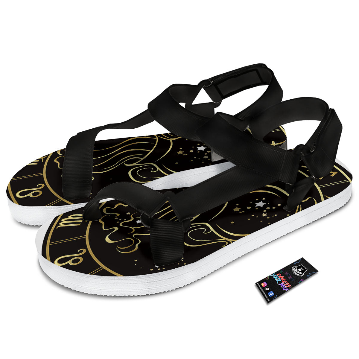 Aquarius Sign Black And Gold Print Black Open Toe Sandals-grizzshop