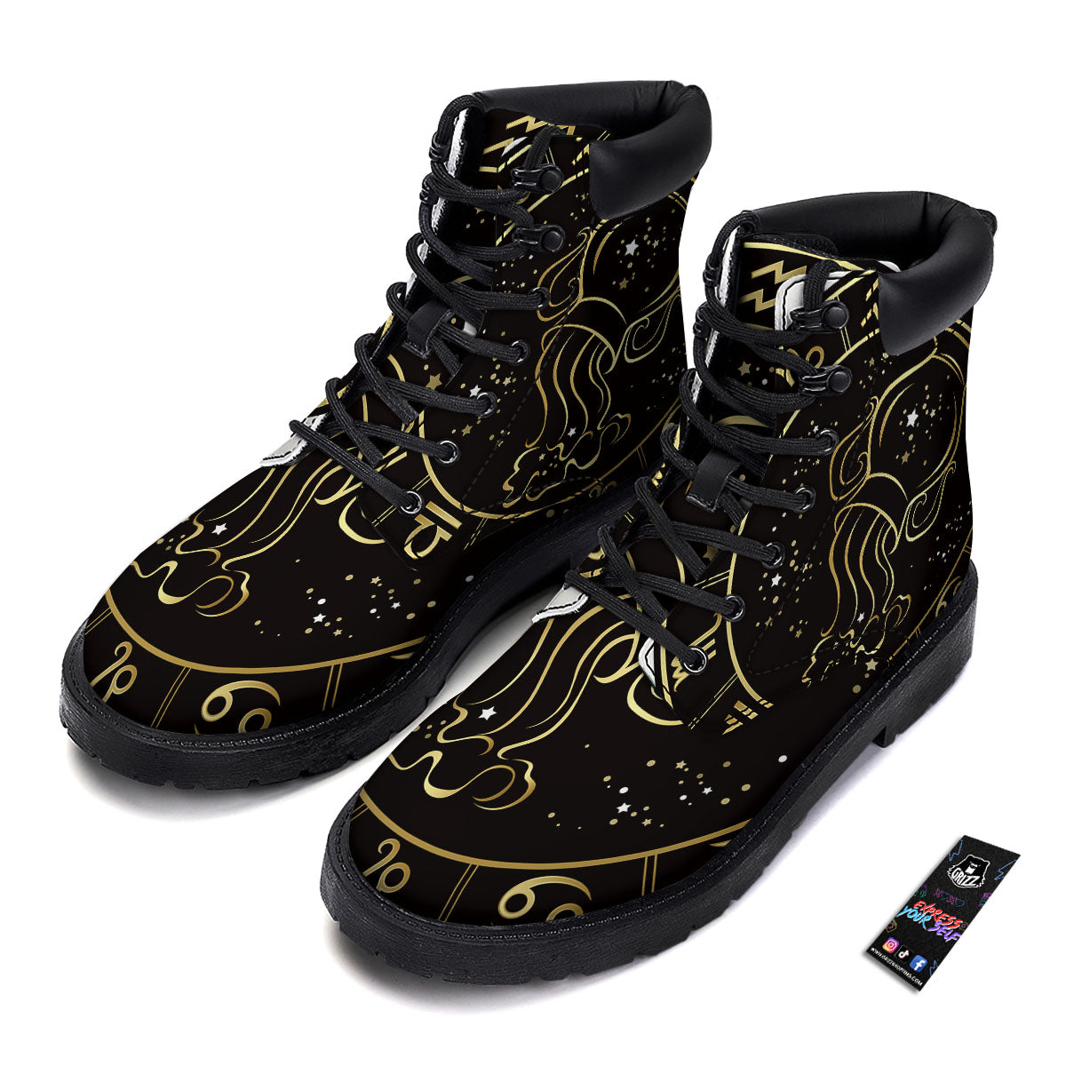 Aquarius Sign Black And Gold Print Boots-grizzshop