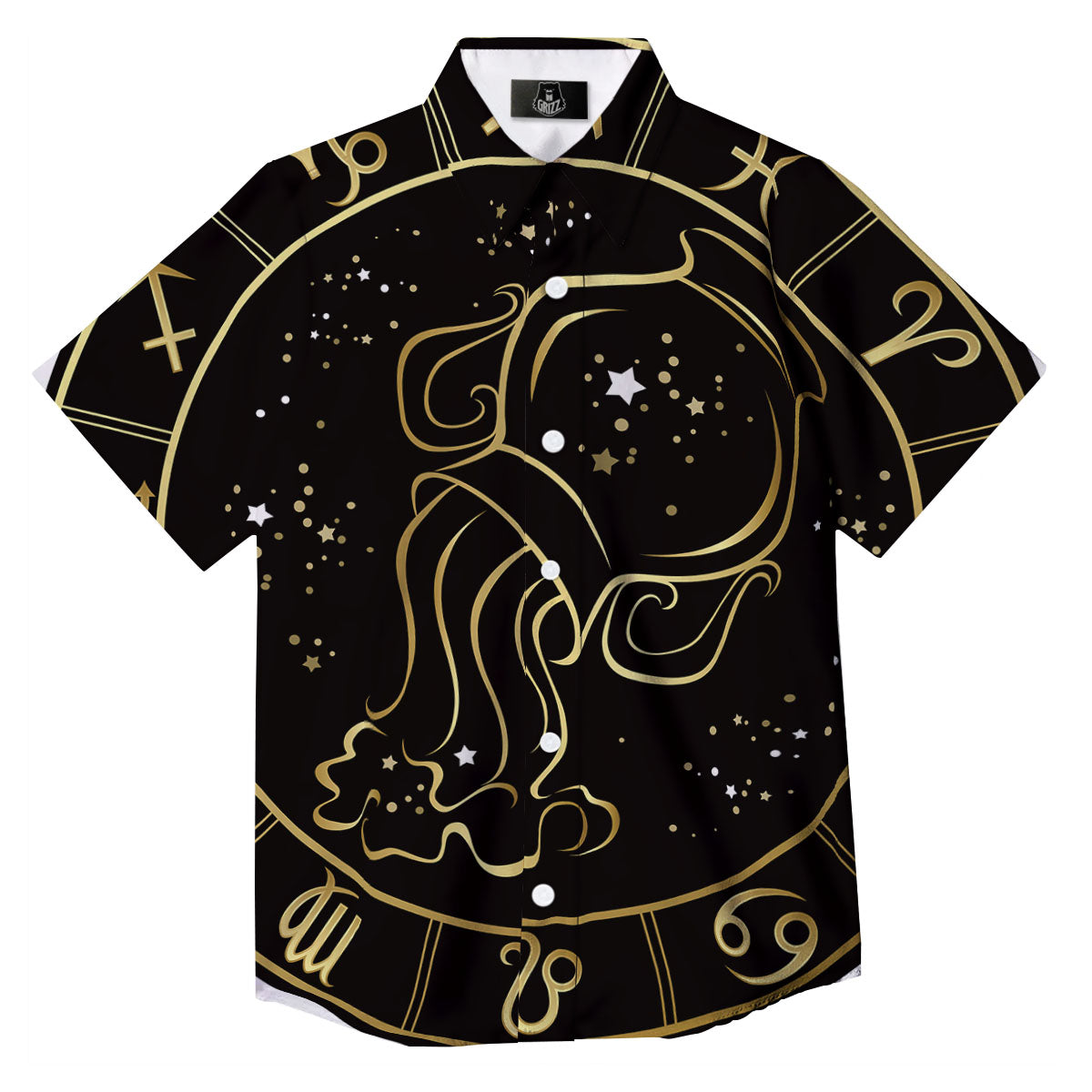 Aquarius Sign Black And Gold Print Button Up Shirt-grizzshop