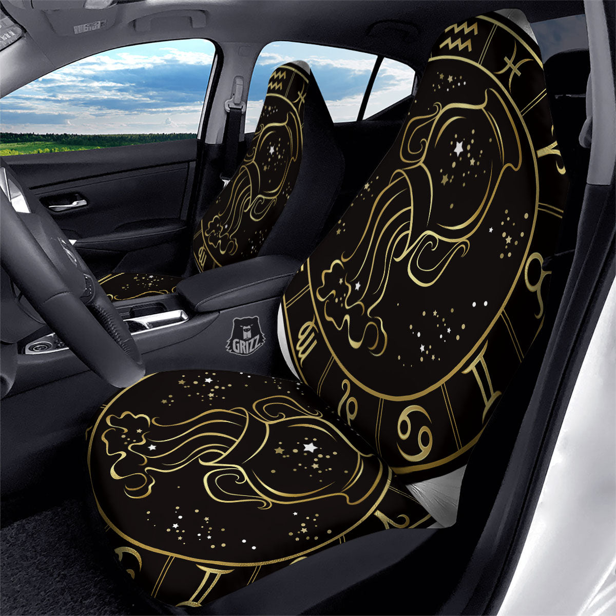 Aquarius Sign Black And Gold Print Car Seat Covers-grizzshop