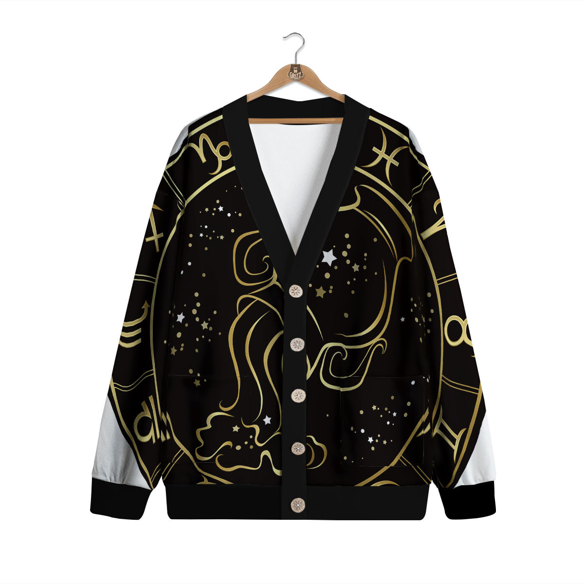 Aquarius Sign Black And Gold Print Cardigan-grizzshop