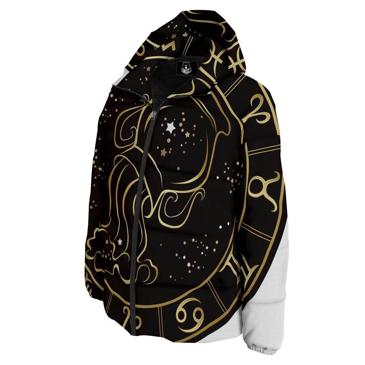 Aquarius Sign Black And Gold Print Down Jacket-grizzshop