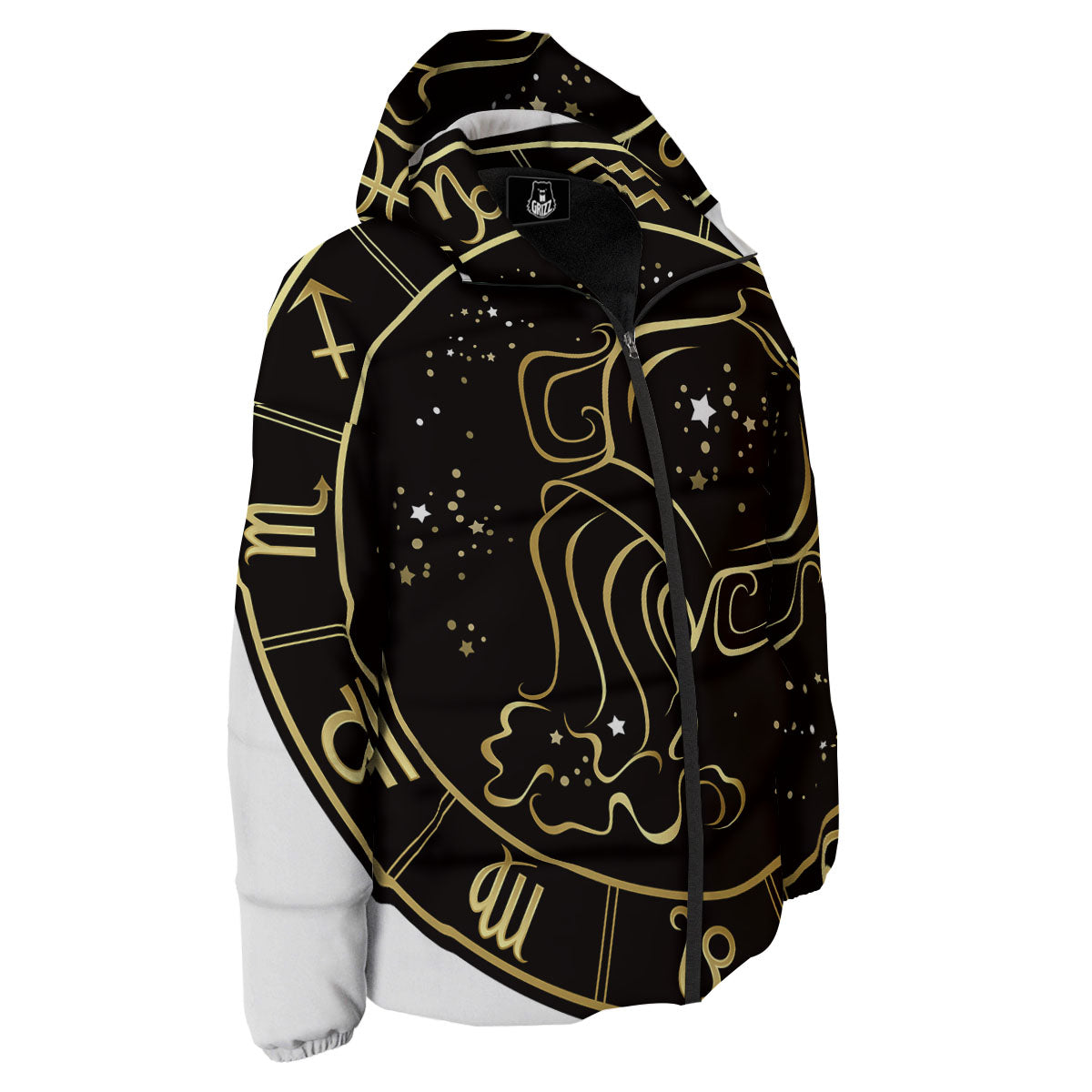 Aquarius Sign Black And Gold Print Down Jacket-grizzshop