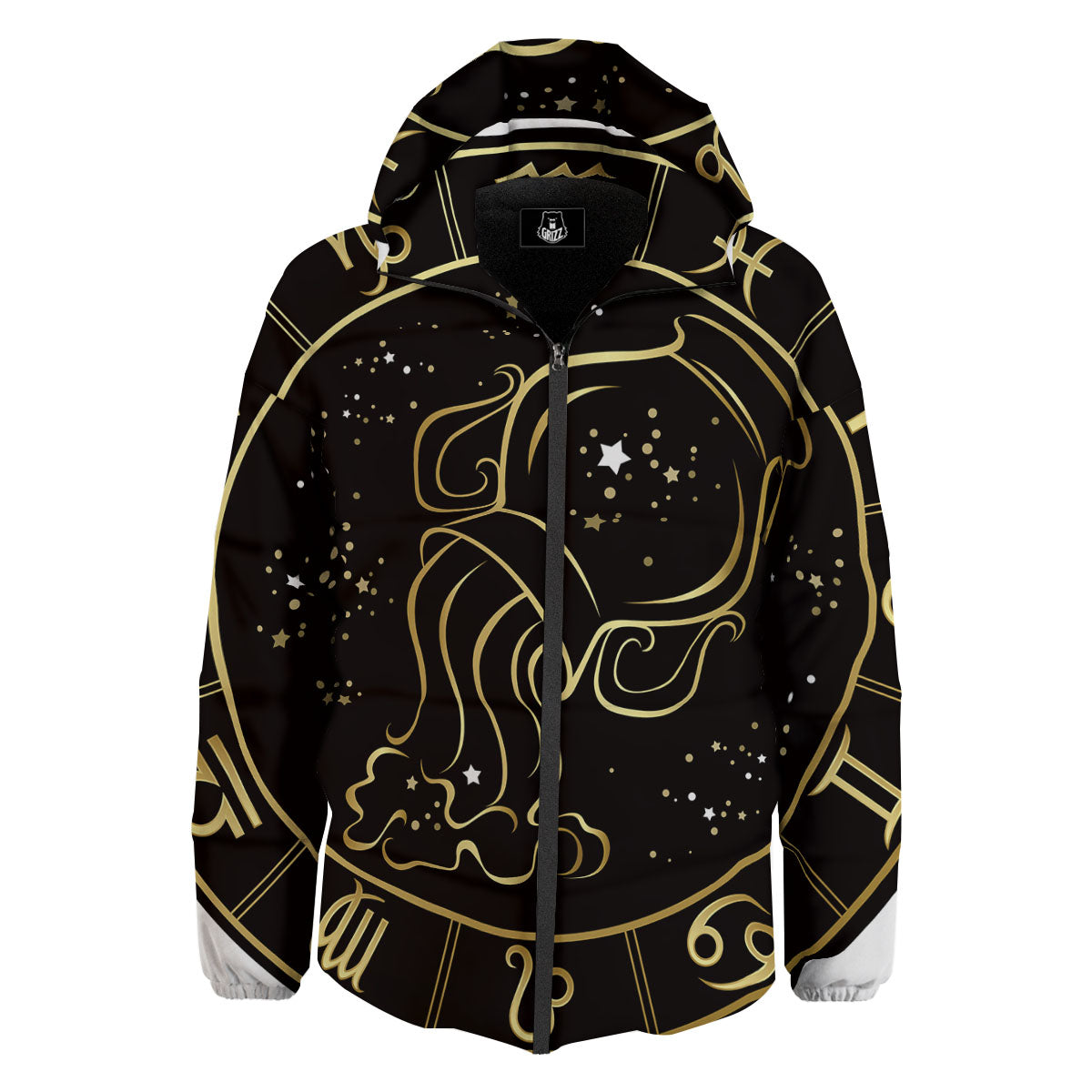Aquarius Sign Black And Gold Print Down Jacket-grizzshop