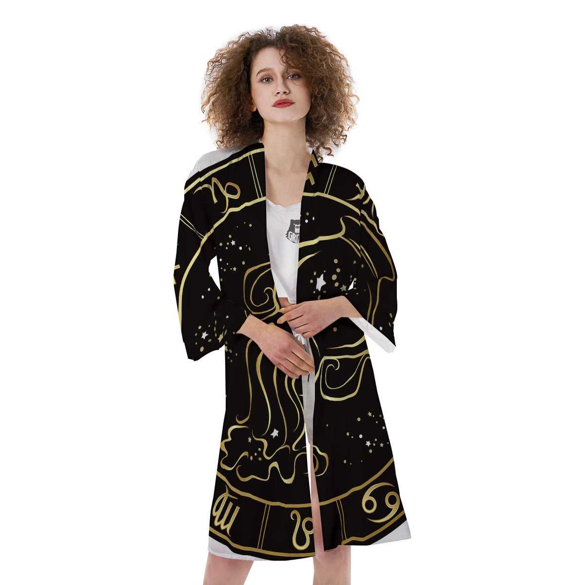 Aquarius Sign Black And Gold Print Kimono-grizzshop