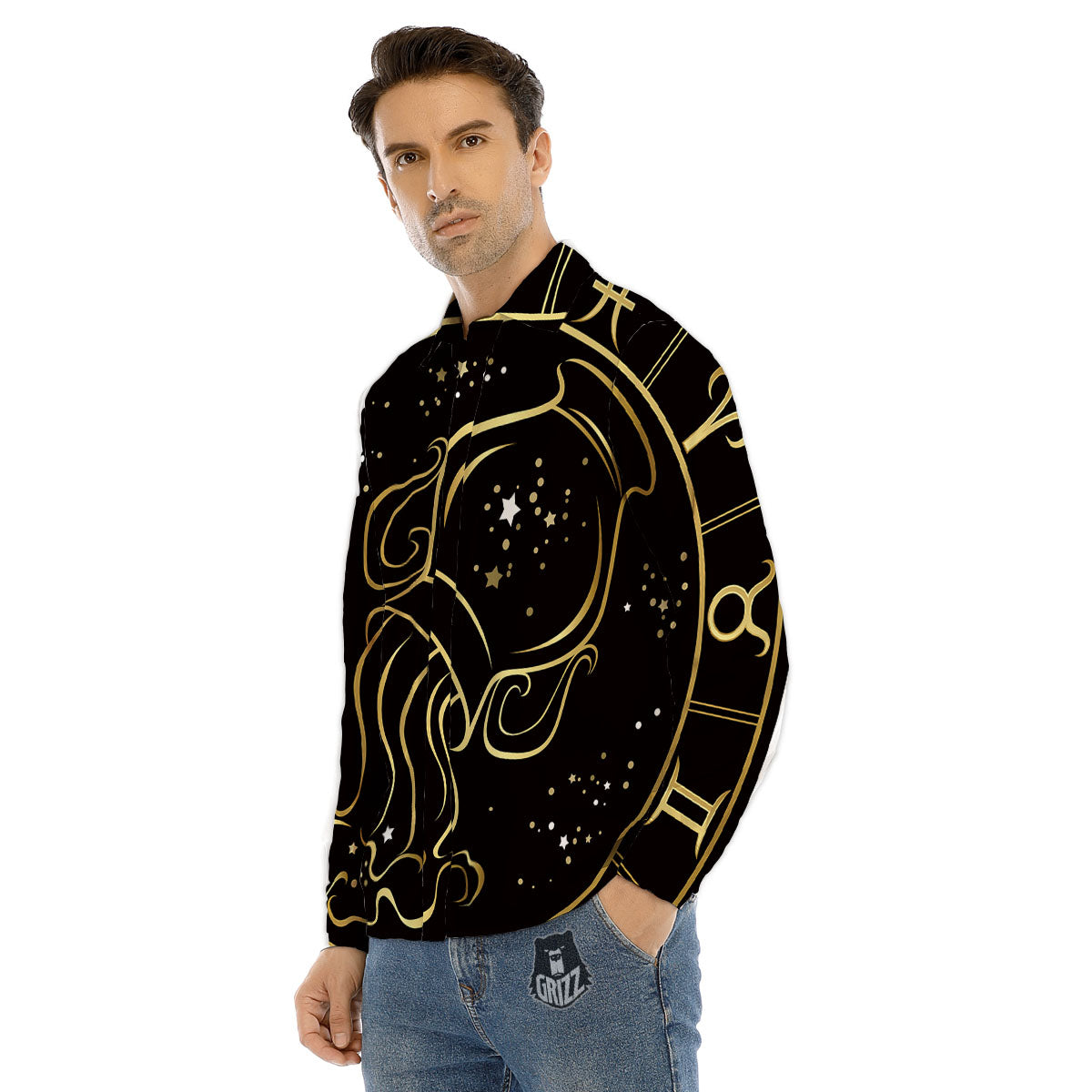 Aquarius Sign Black And Gold Print Men's Dress Shirts-grizzshop