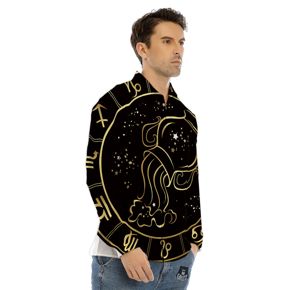 Aquarius Sign Black And Gold Print Men's Dress Shirts-grizzshop
