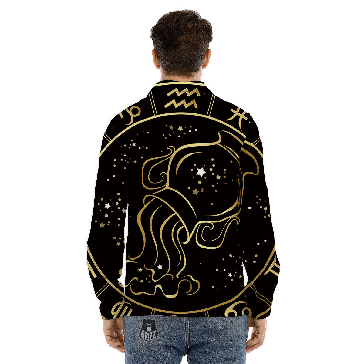 Aquarius Sign Black And Gold Print Men's Dress Shirts-grizzshop