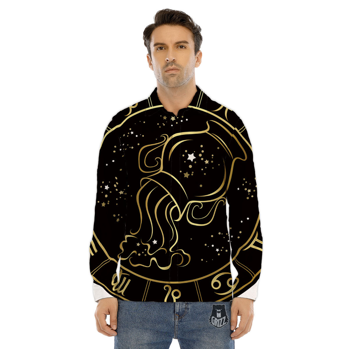Aquarius Sign Black And Gold Print Men's Dress Shirts-grizzshop
