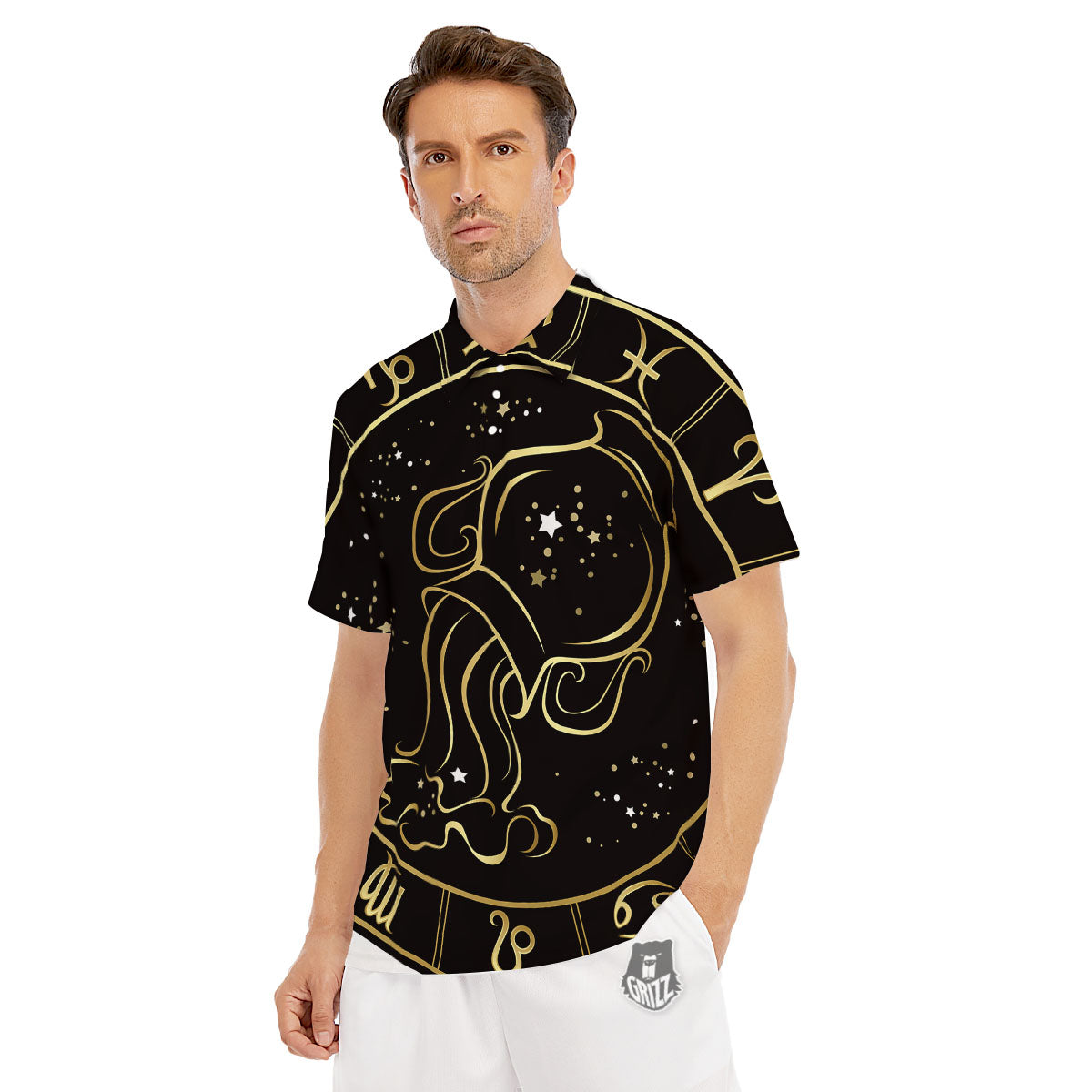 Aquarius Sign Black And Gold Print Men's Golf Shirts-grizzshop