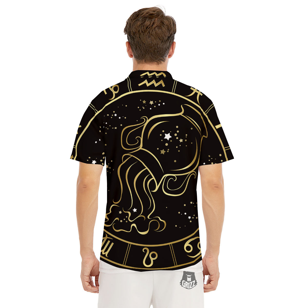Aquarius Sign Black And Gold Print Men's Golf Shirts-grizzshop