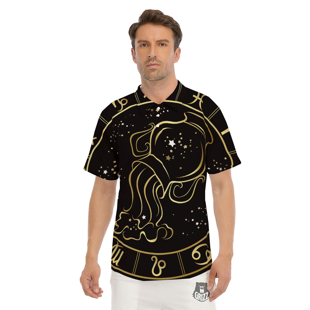 Aquarius Sign Black And Gold Print Men's Golf Shirts-grizzshop