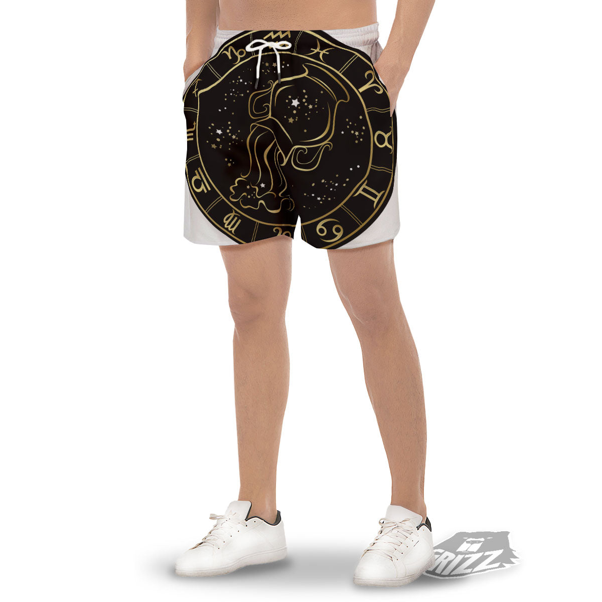Aquarius Sign Black And Gold Print Men's Gym Shorts-grizzshop