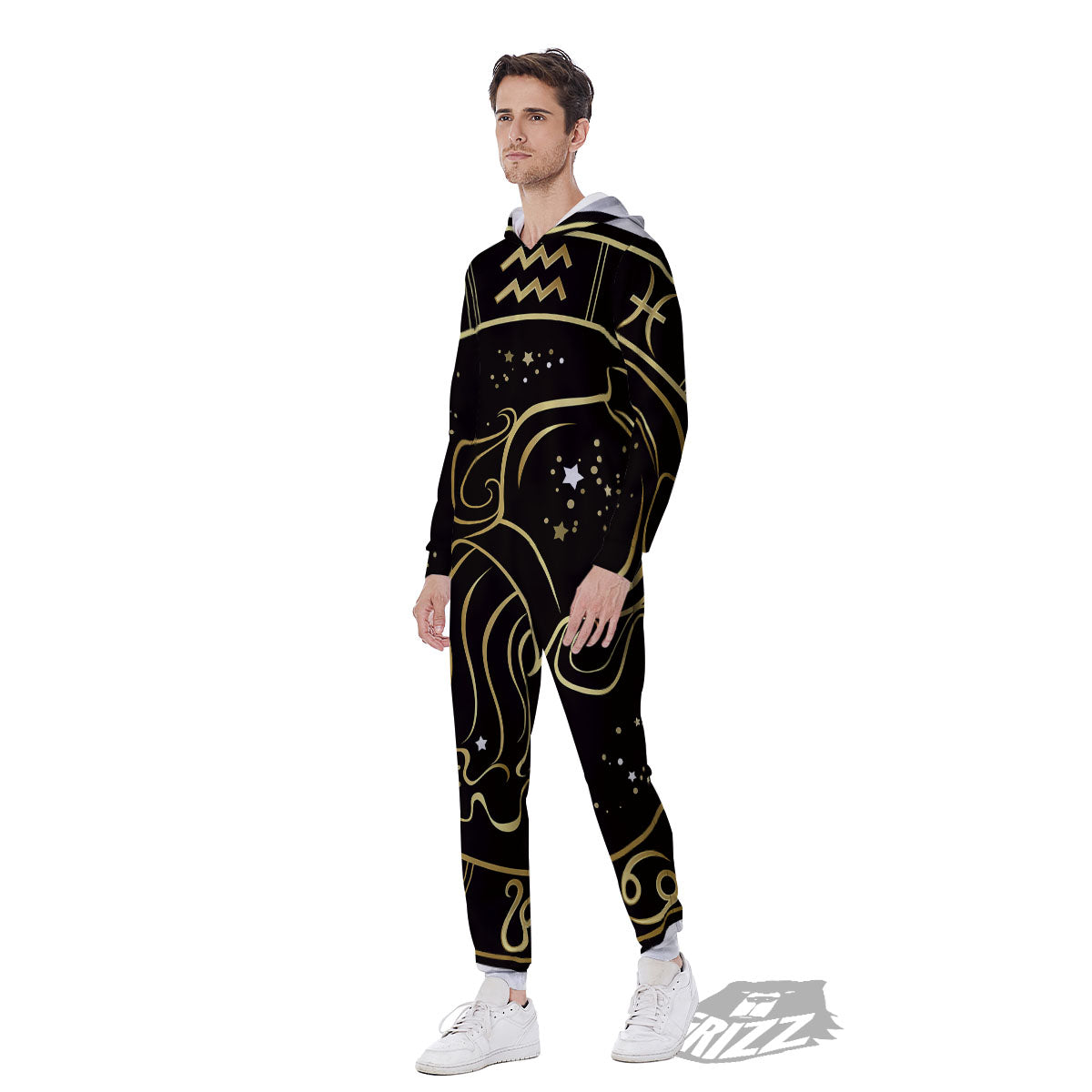 Aquarius Sign Black And Gold Print Men's Jumpsuit-grizzshop