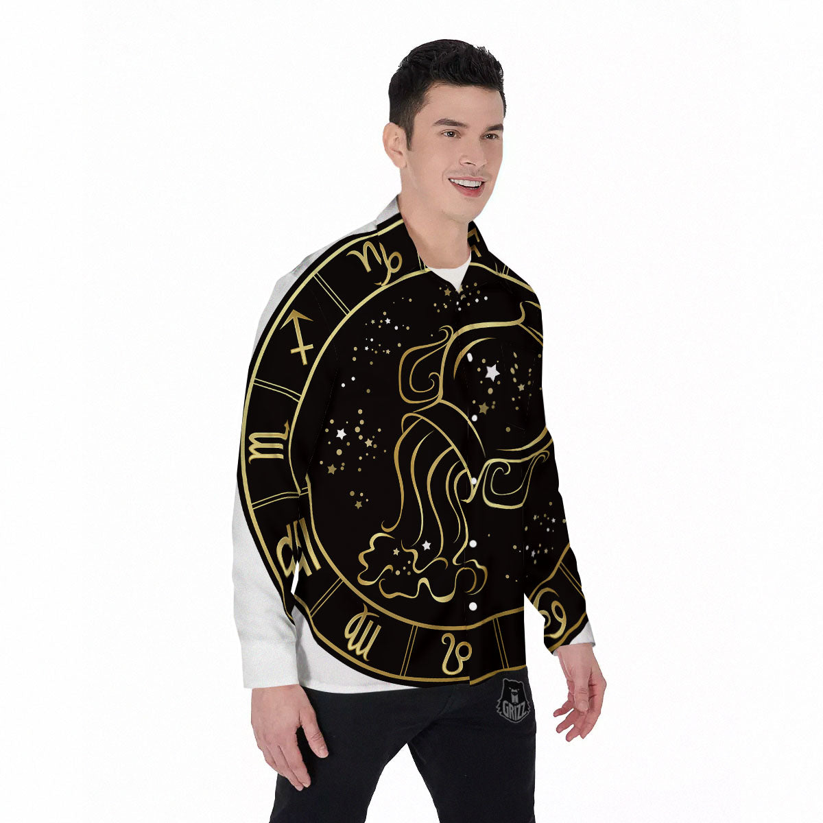 Aquarius Sign Black And Gold Print Men's Long Sleeve Shirts-grizzshop