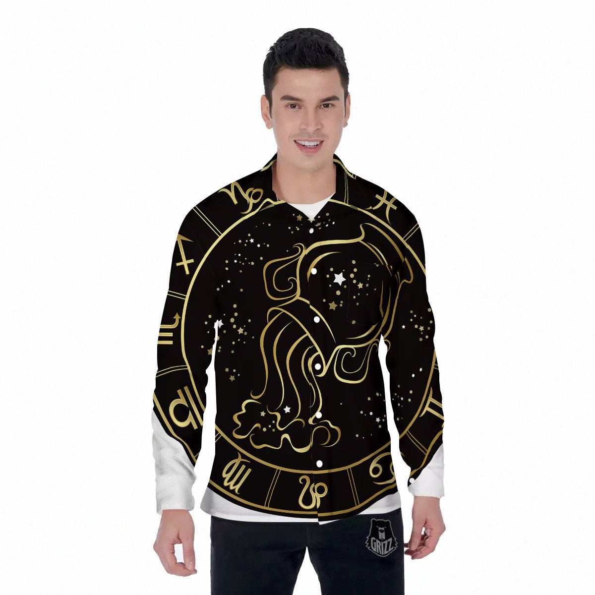 Aquarius Sign Black And Gold Print Men's Long Sleeve Shirts-grizzshop
