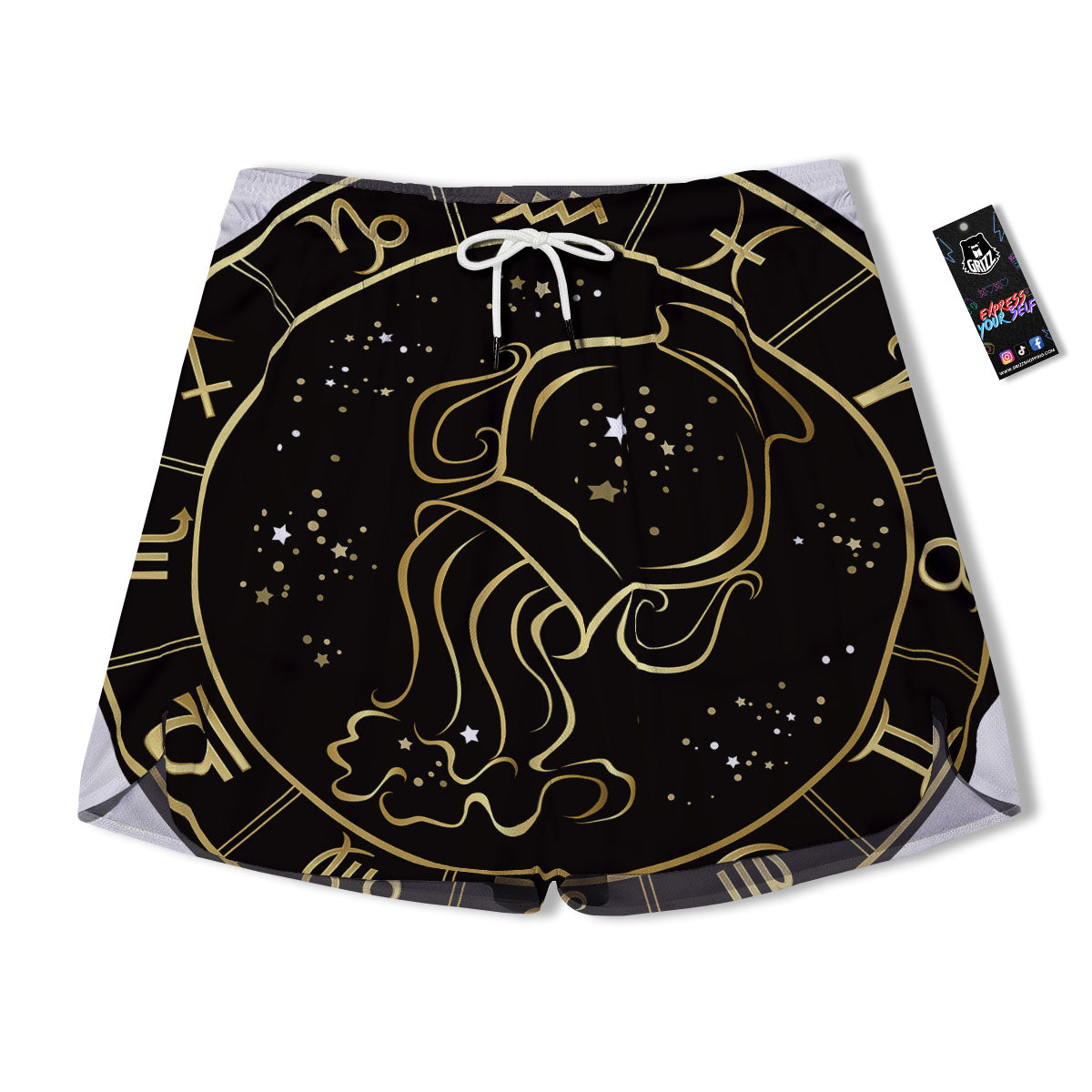 Aquarius Sign Black And Gold Print Men's Running Shorts-grizzshop
