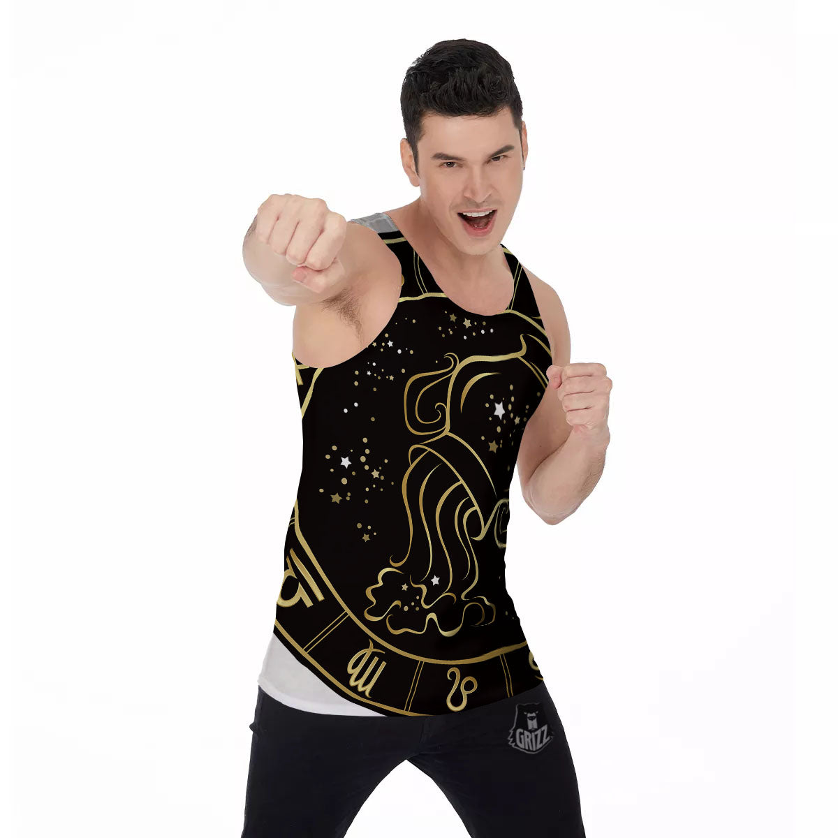 Aquarius Sign Black And Gold Print Men's Tank Top-grizzshop