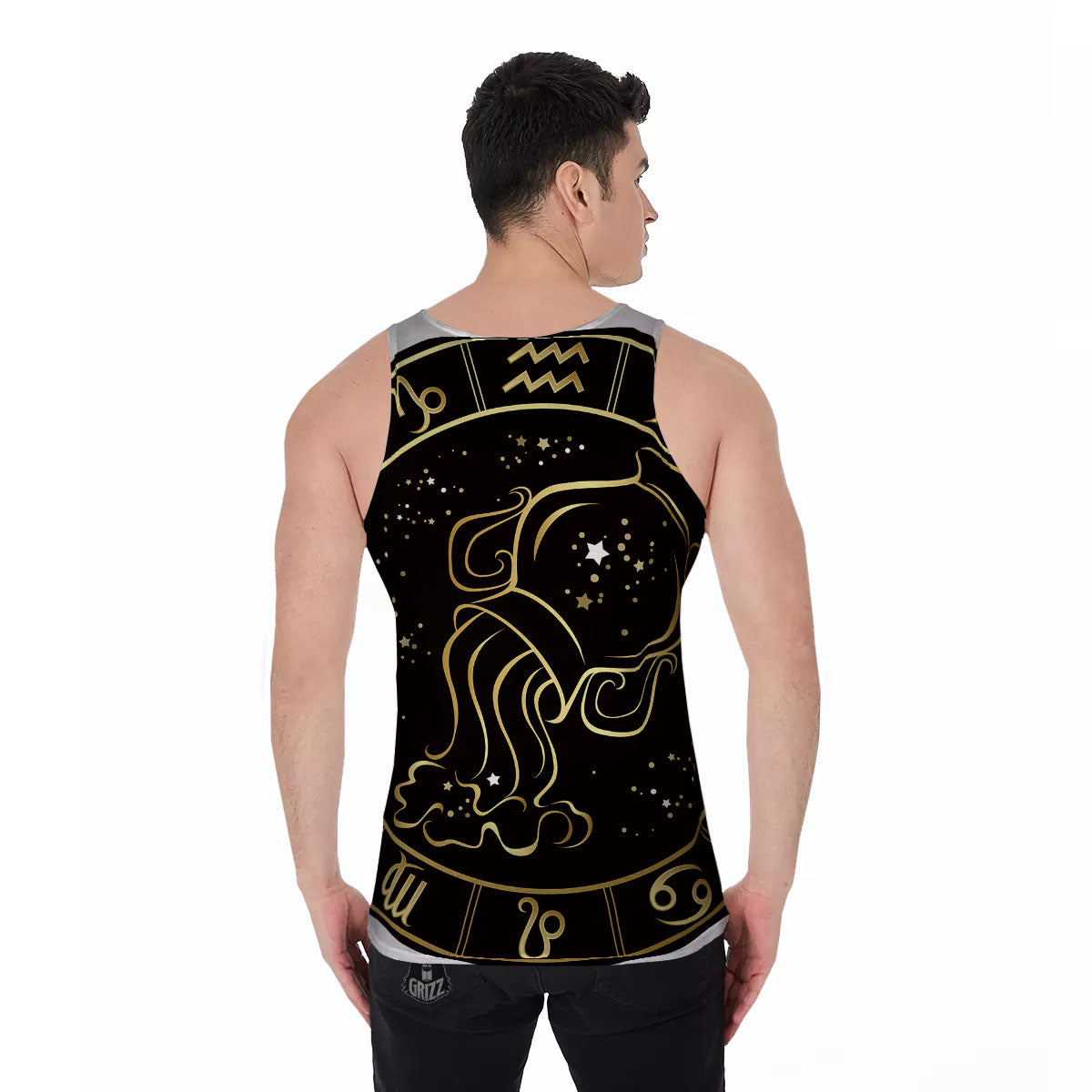 Aquarius Sign Black And Gold Print Men's Tank Top-grizzshop