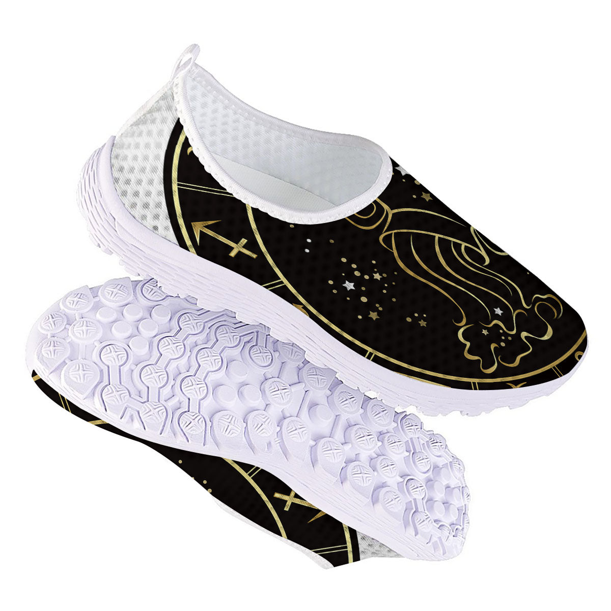 Aquarius Sign Black And Gold Print Nurse Shoes-grizzshop