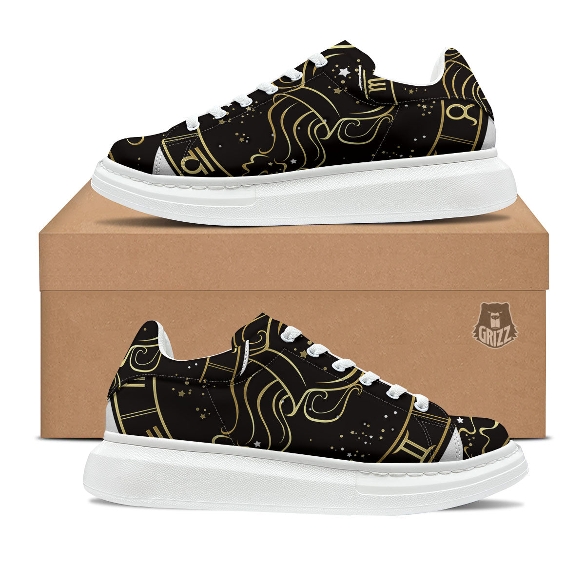 Aquarius Sign Black And Gold Print Platform Shoes-grizzshop