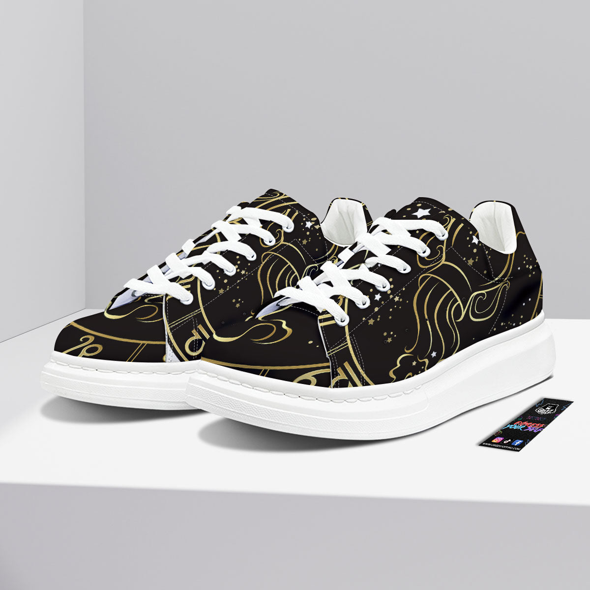Aquarius Sign Black And Gold Print Platform Shoes-grizzshop
