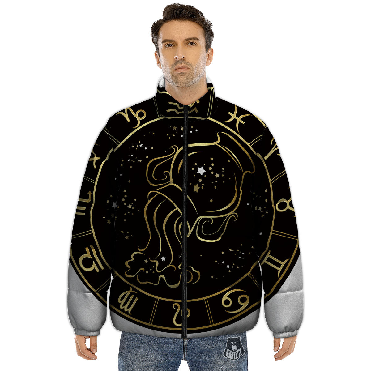 Aquarius Sign Black And Gold Print Puffer Jacket-grizzshop