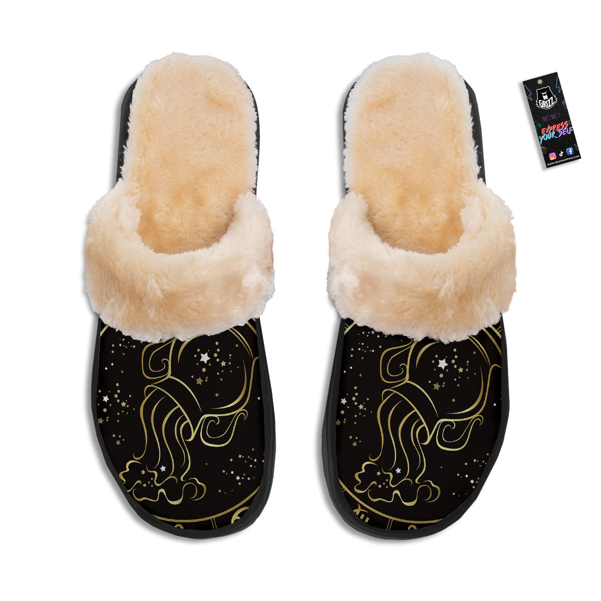 Aquarius Sign Black And Gold Print Slippers-grizzshop