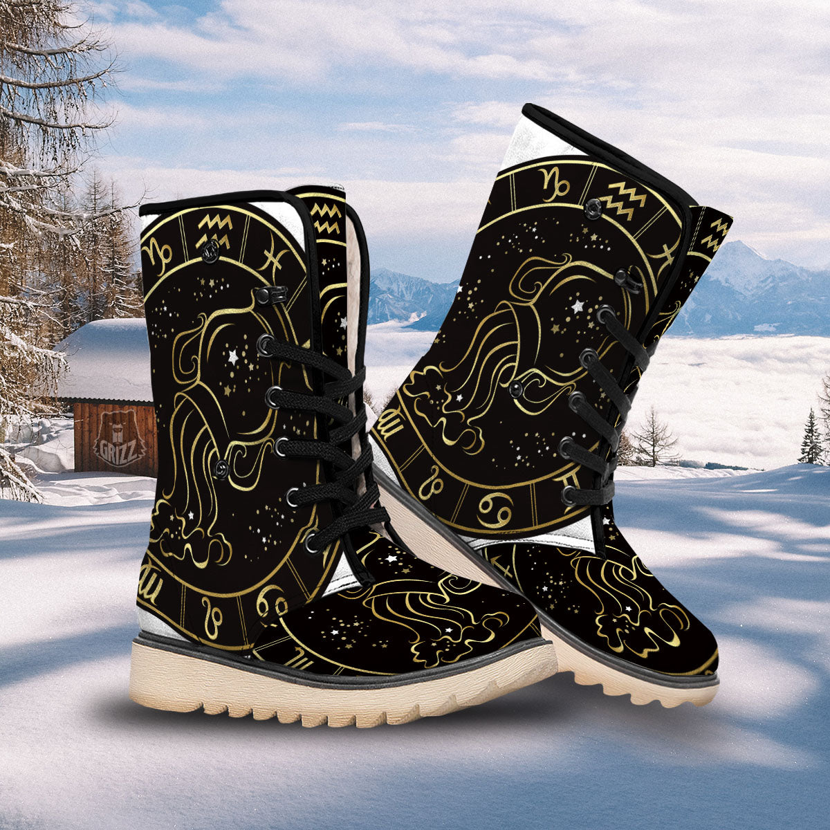 Aquarius Sign Black And Gold Print Snow Boots-grizzshop