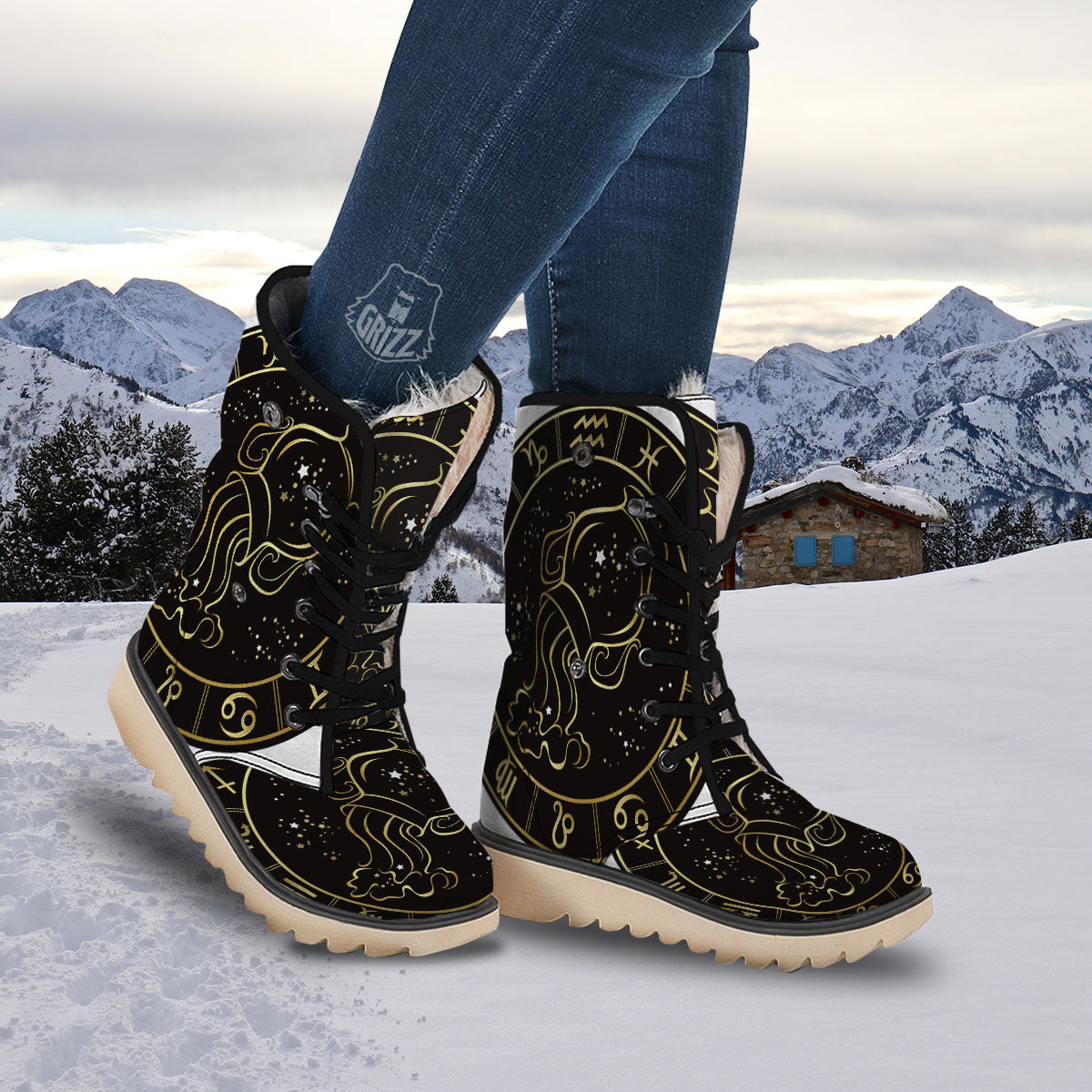 Aquarius Sign Black And Gold Print Snow Boots-grizzshop