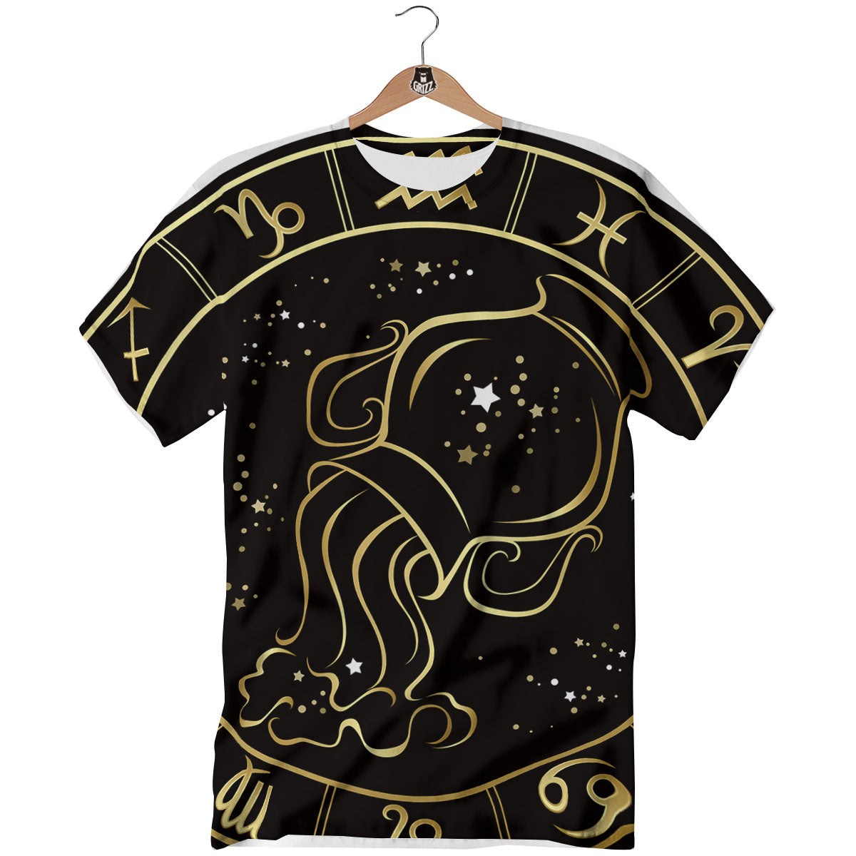 Aquarius Sign Black And Gold Print T-Shirt-grizzshop