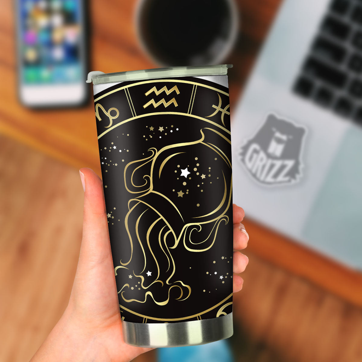 Aquarius Sign Black And Gold Print Tumbler-grizzshop