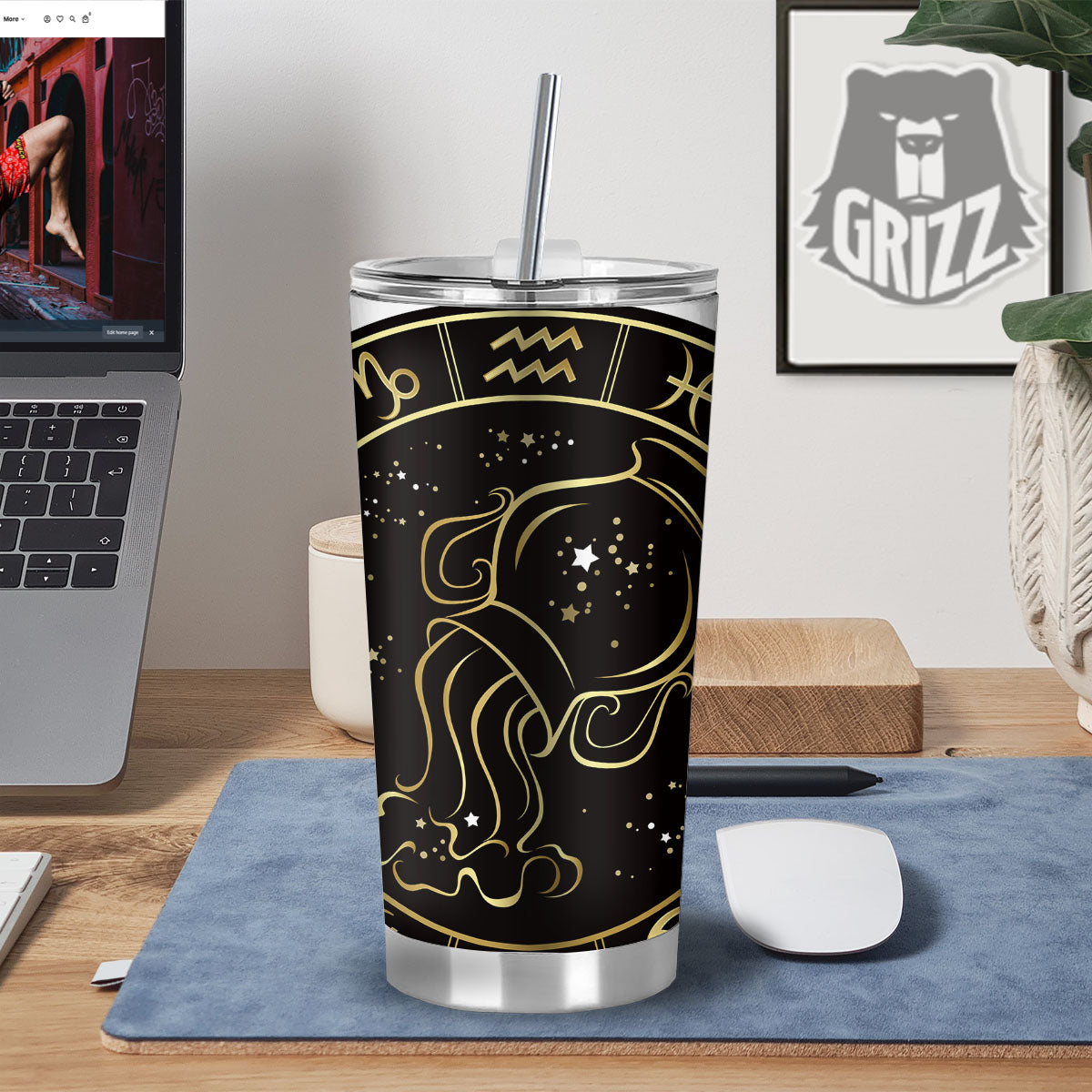 Aquarius Sign Black And Gold Print Tumbler-grizzshop