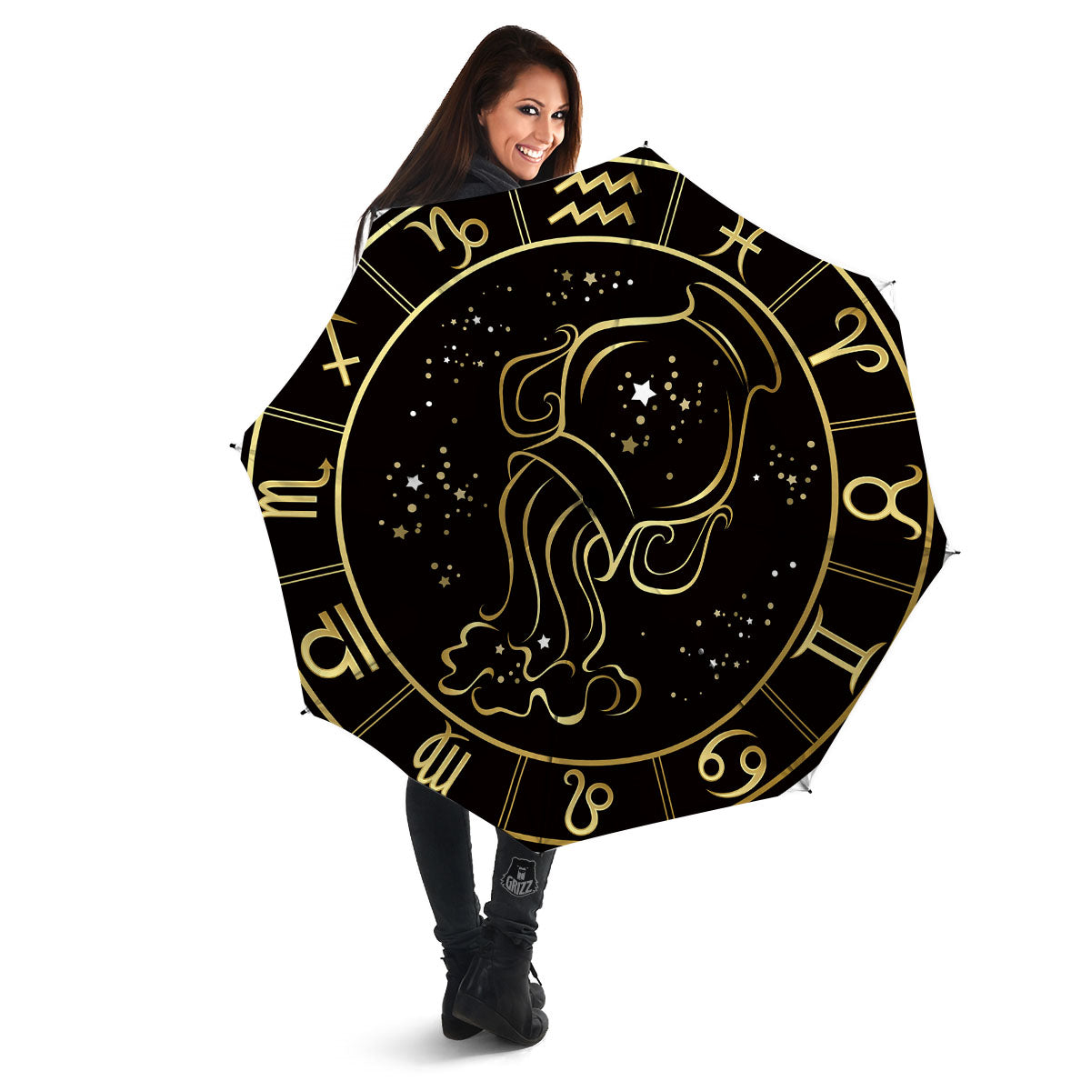 Aquarius Sign Black And Gold Print Umbrella-grizzshop